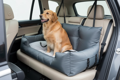 Waterproof Dog Car Seat Bed – golden retriever sitting comfortably in grey dog car seat