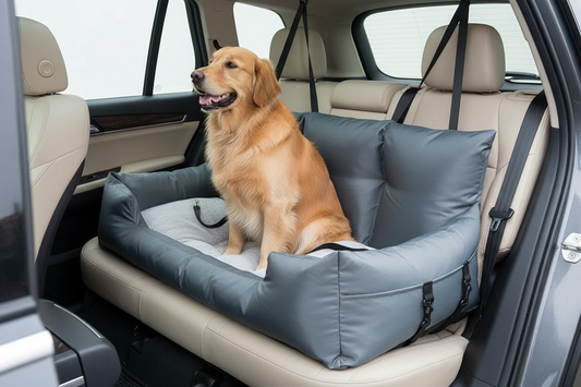 Waterproof Dog Car Seat Bed – golden retriever sitting comfortably in grey dog car seat