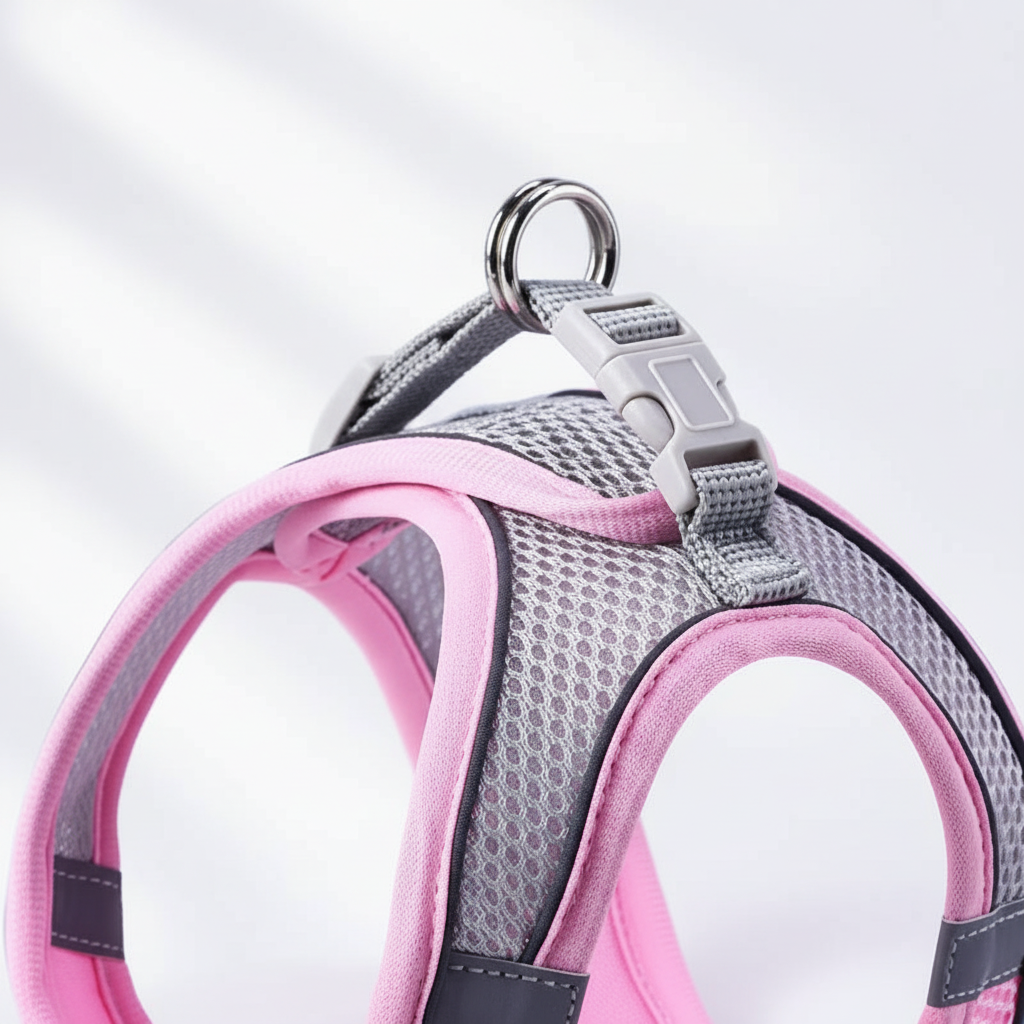 Reflective Mesh Pet Harness – close-up flatlay showing pink mesh texture, buckles and reflective strips