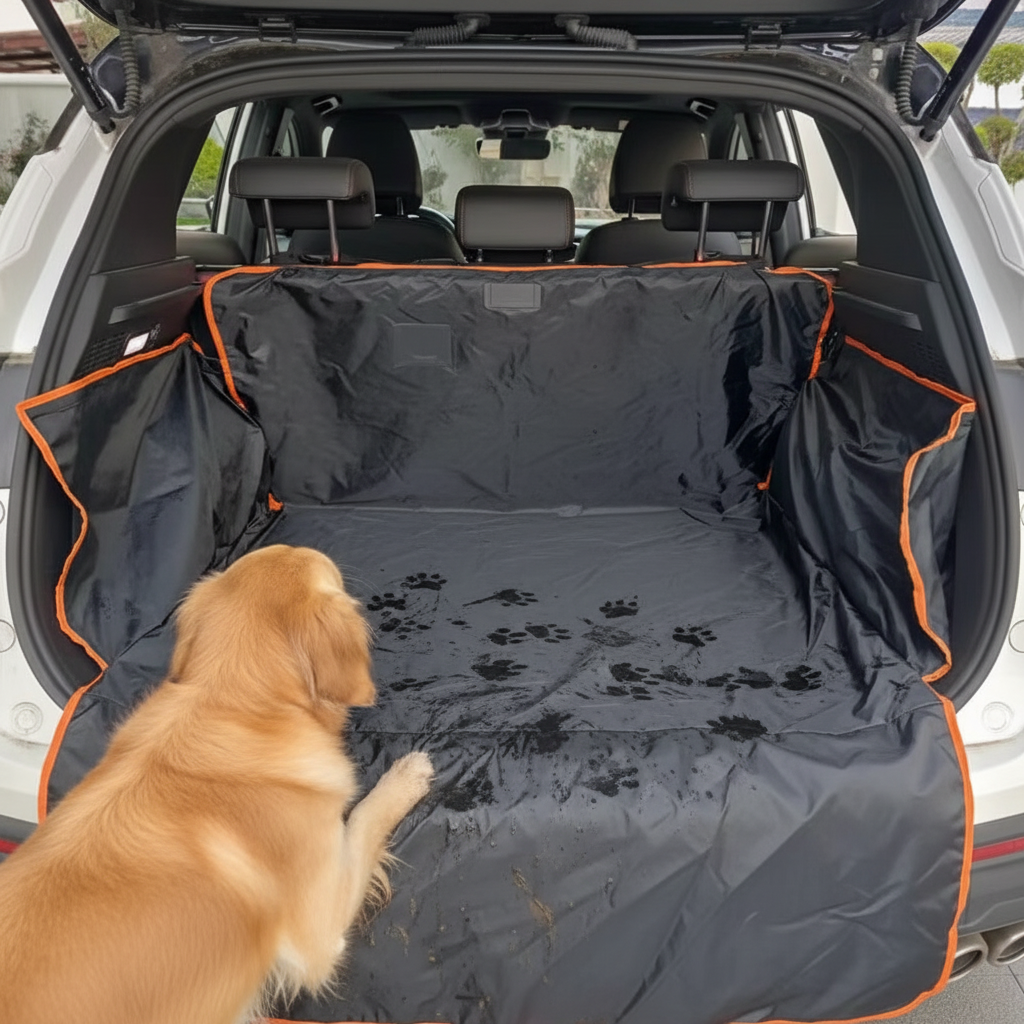 Waterproof SUV Cargo Liner – close-up of black liner with muddy paw prints showing protective function