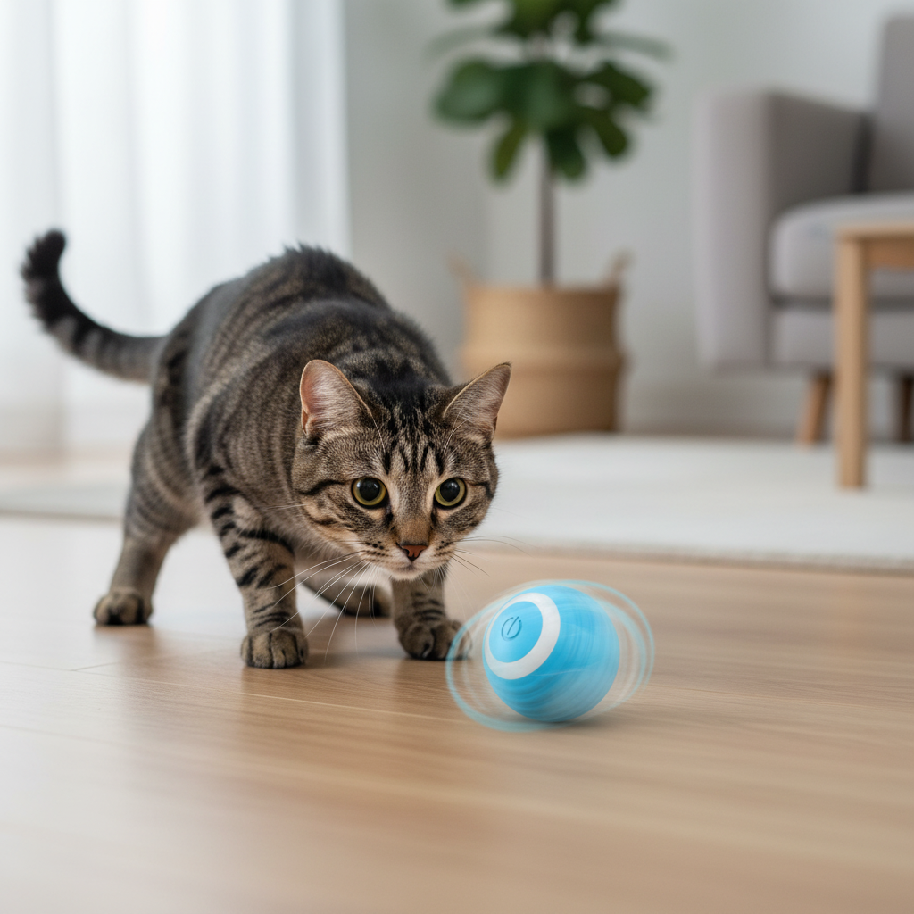 Smart Electric Cat Ball Toy – tabby cat stalking blue automatic rolling ball on wooden floor