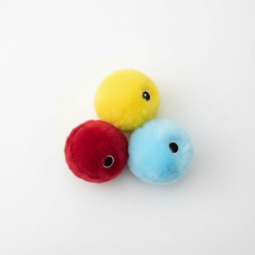 Interactive Plush Catnip Ball – flatlay of three plush cat toy balls in red yellow and blue on white surface