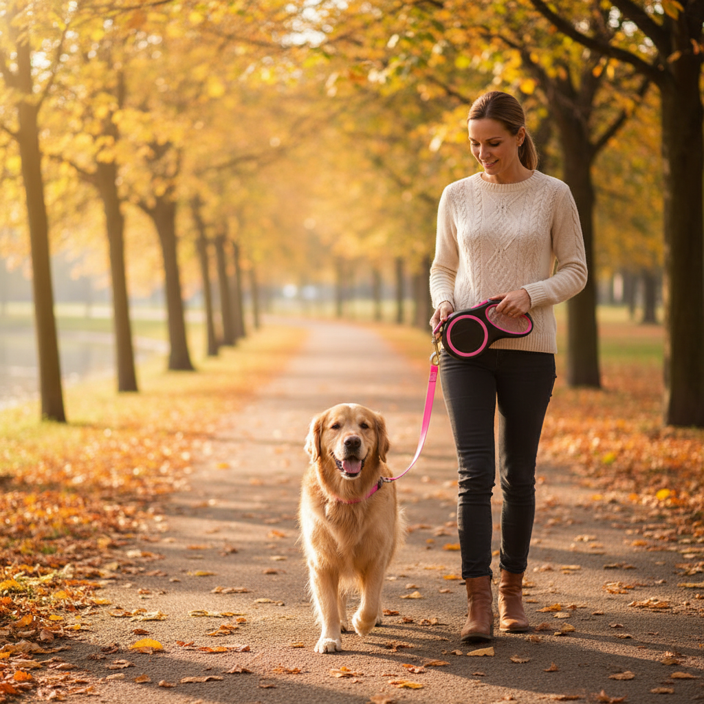 Retractable Dog Leash – Golden Retriever walking on pink retractable leash on autumn tree-lined path