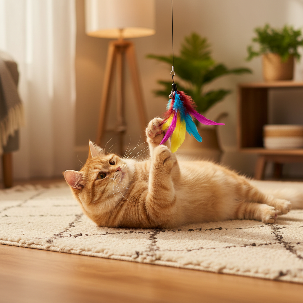 Cat Feather Teaser Wand – ginger cat playing with plush bell attachment on rug