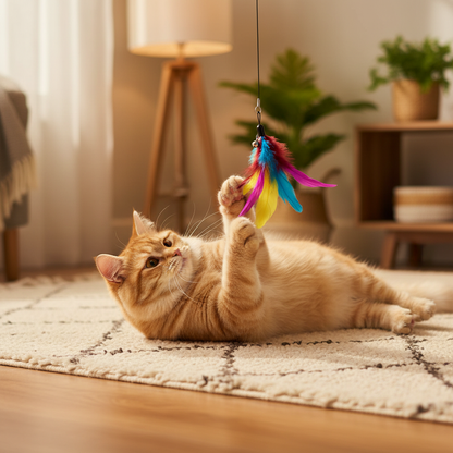Cat Feather Teaser Wand – ginger cat playing with plush bell attachment on rug