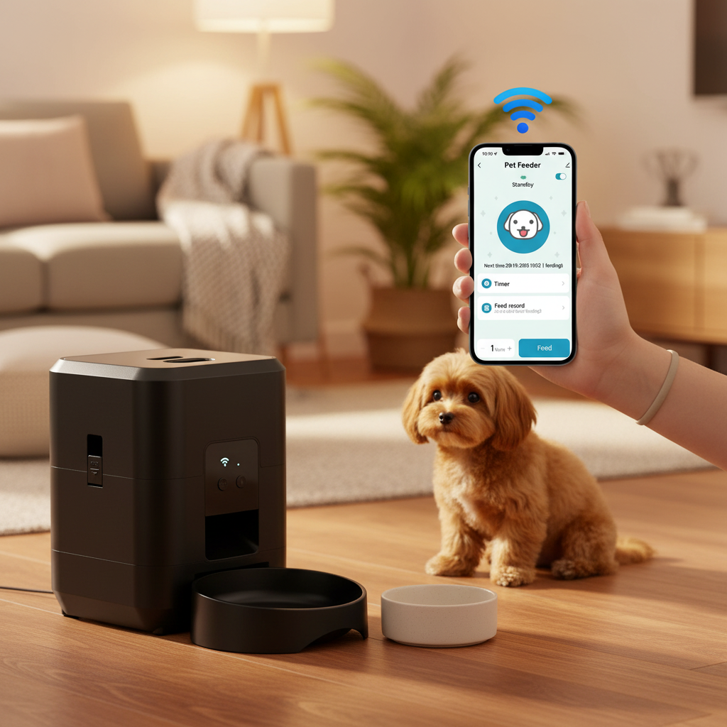 Smart WiFi Pet Feeder – black feeder with person controlling feeding schedule via smartphone app