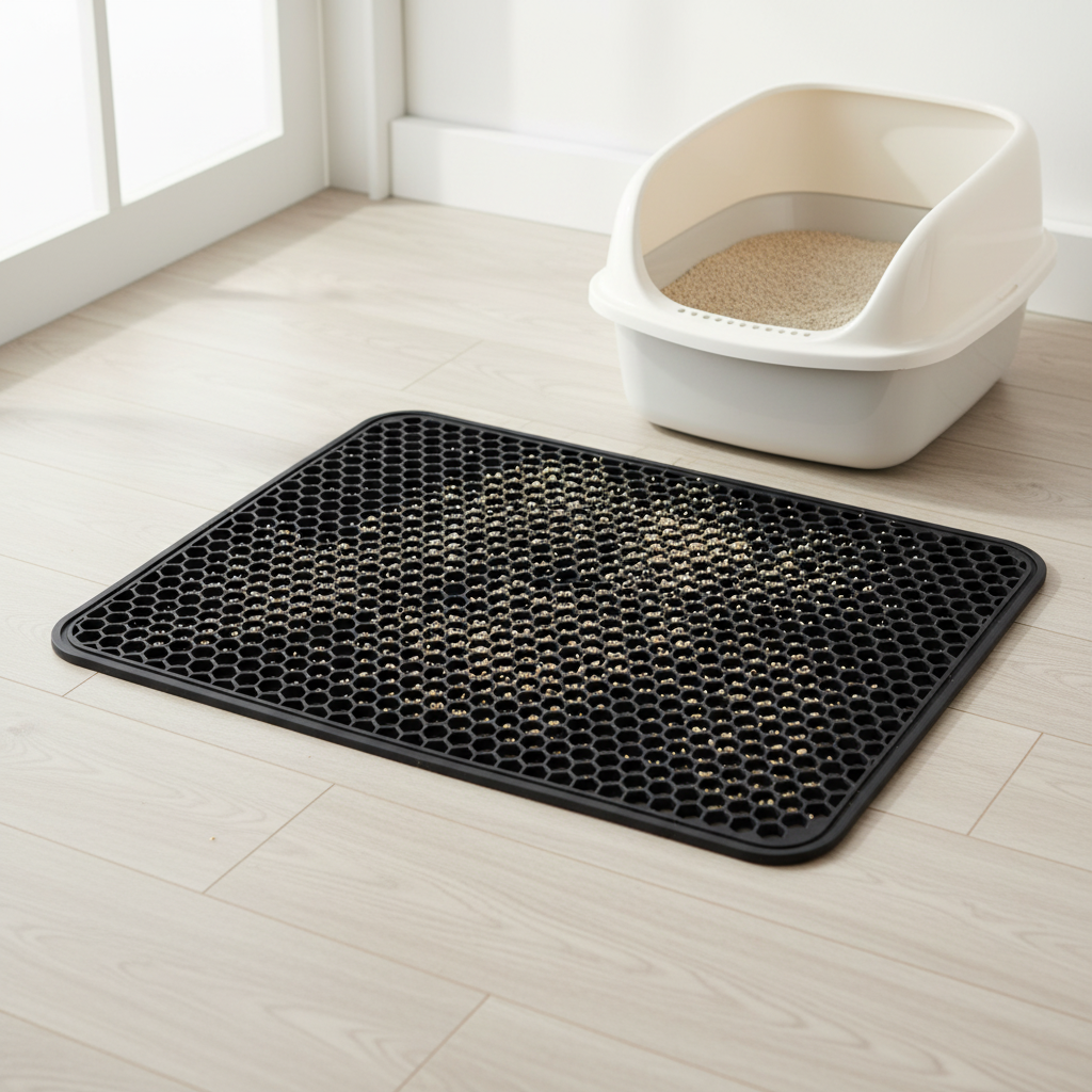 Waterproof Cat Litter Mat – black honeycomb double layer mat close-up on wooden floor