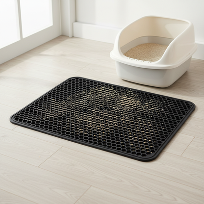 Waterproof Cat Litter Mat – black honeycomb double layer mat close-up on wooden floor
