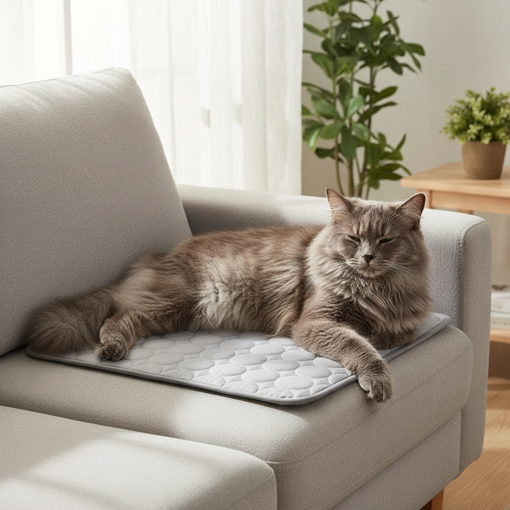 Pet Cooling Mat – fluffy gray cat sprawled on grey cooling mat on sofa in warm home