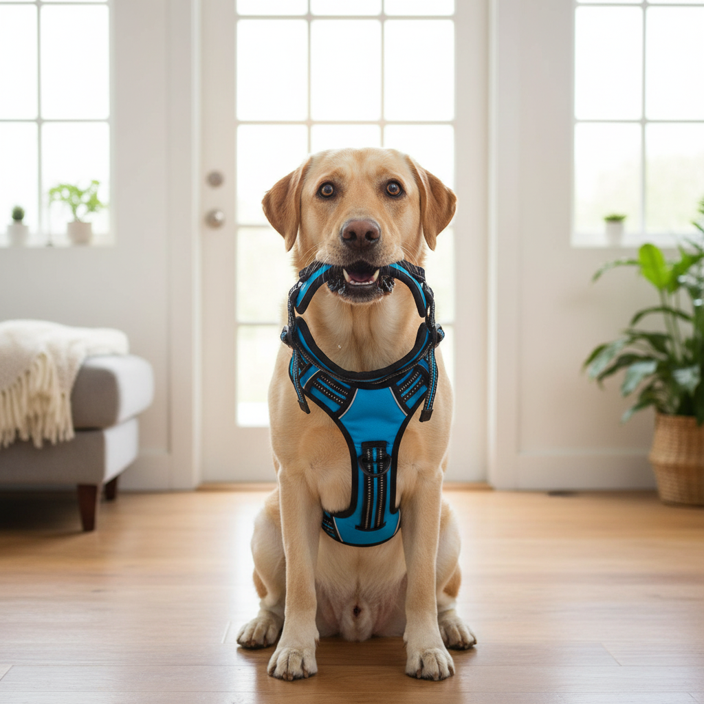 No-Pull Dog Harness – Labrador sitting by door holding blue harness in mouth with pleading eyes ready for a walk