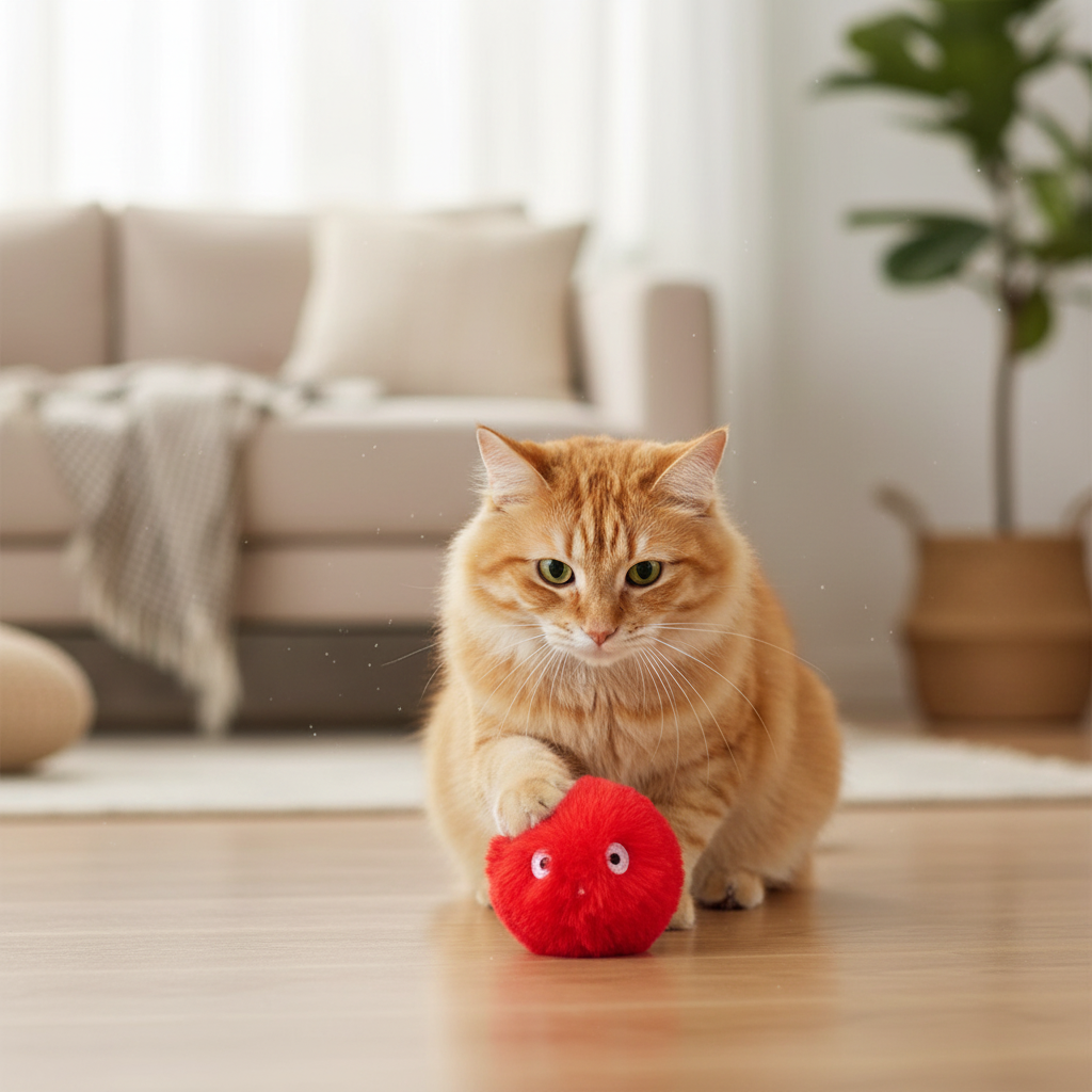 Interactive Plush Catnip Ball – ginger cat tapping red plush ball with paw ears perked listening to sound