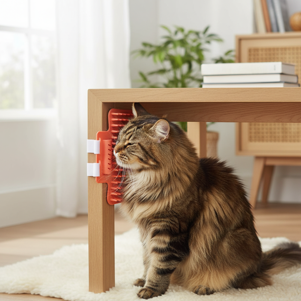 Cat Corner Self-Groomer Brush – fluffy Maine Coon cat rubbing against red brush mounted on wooden table leg