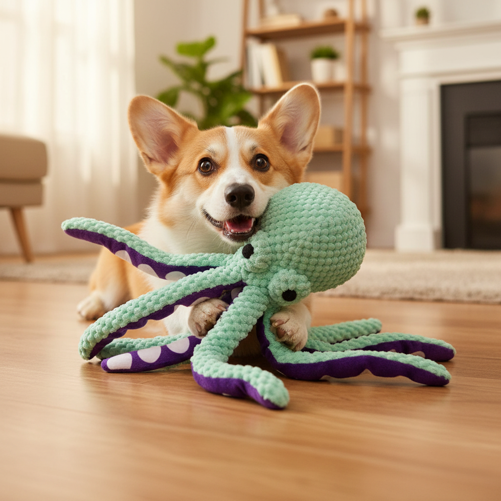 Plush Octopus Dog Toy – Corgi lying on wooden floor squeezing blue octopus toy with paws looking excited