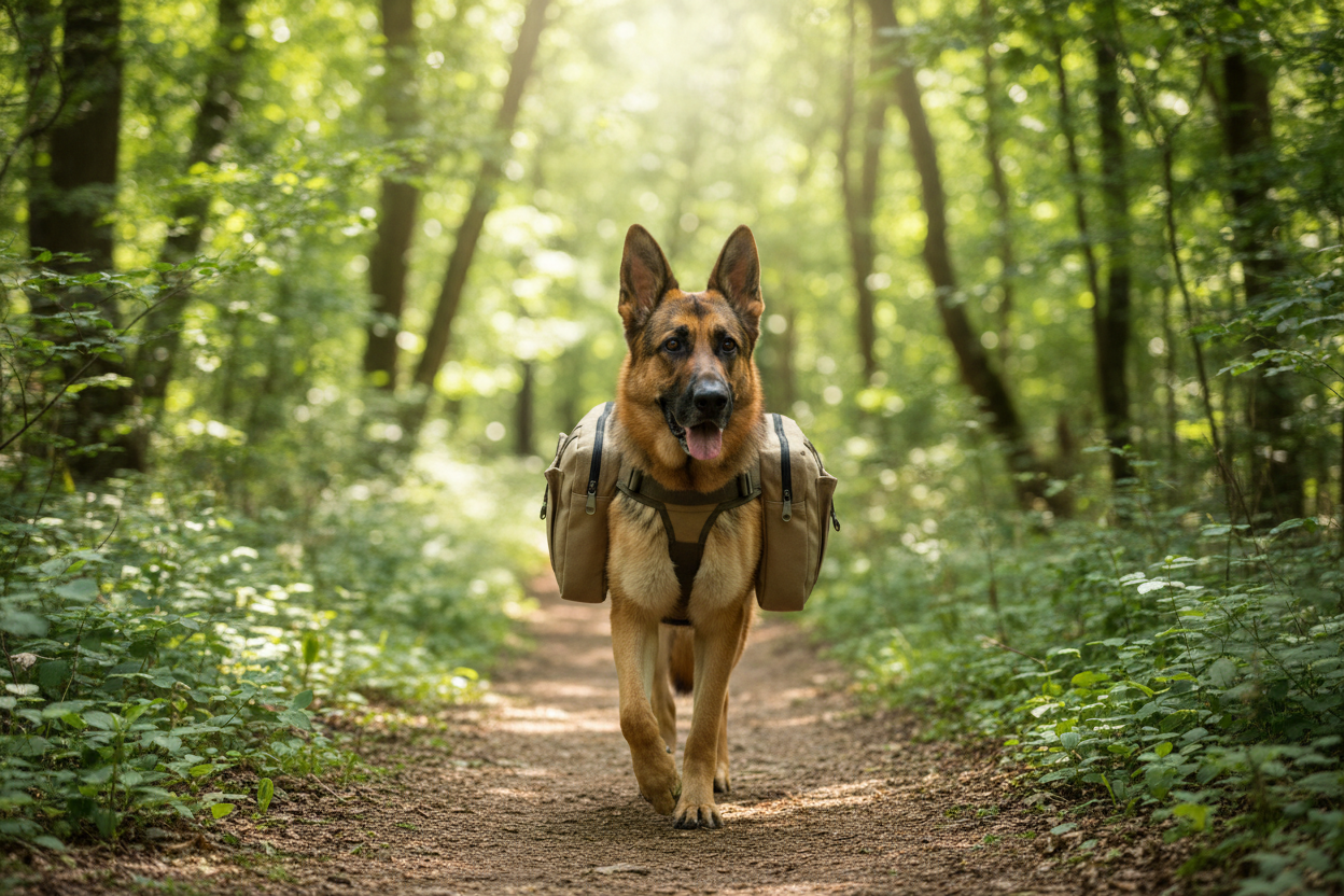 Dog Hiking Saddle Bag – large dog wearing khaki canvas backpack on forest trail
