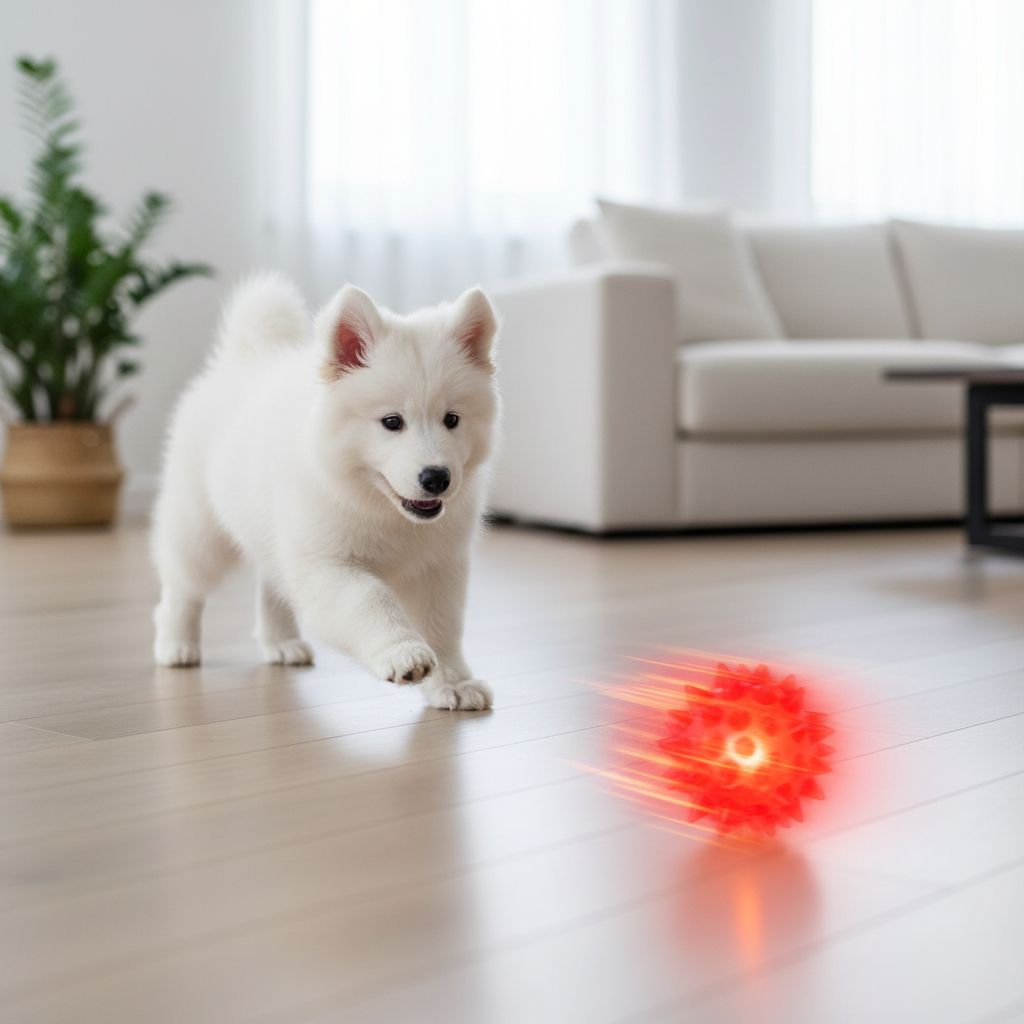 LED Interactive Pet Ball Toy – small white dog chasing glowing red-orange rolling ball