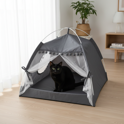 Cozy Cat Tent Bed – dark grey teepee with black cat by window