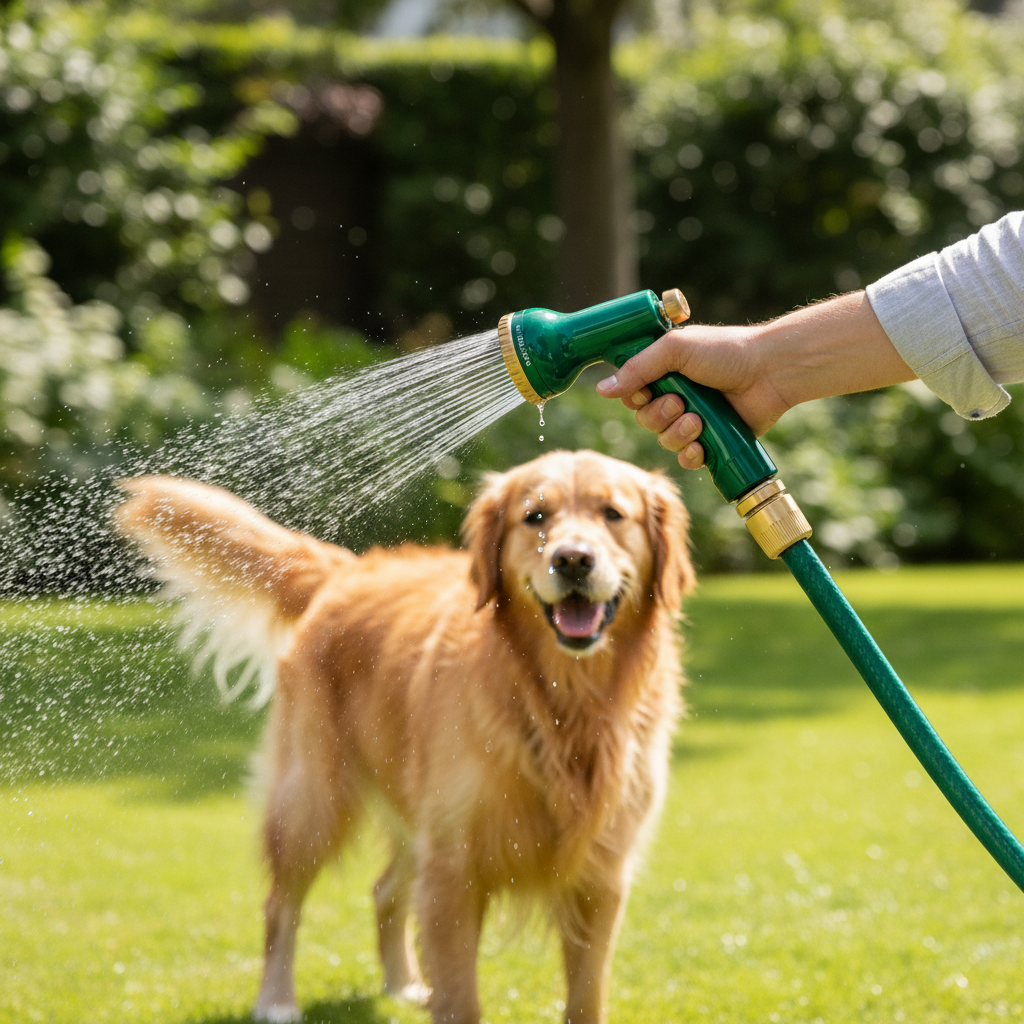 Dog Wash Sprayer Nozzle – person washing golden retriever outdoors with green hose sprayer
