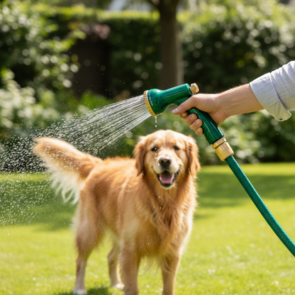 Dog Wash Sprayer Nozzle – person washing golden retriever outdoors with green hose sprayer