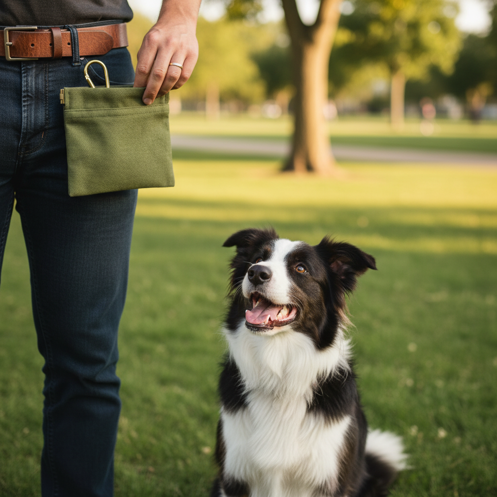 Dog Training Treat Pouch – green canvas snack bag clipped to waist during dog training in park