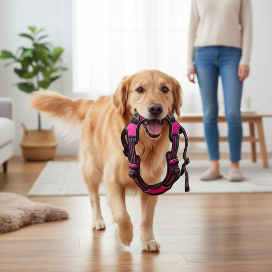 No-Pull Dog Harness – excited Golden Retriever proudly carrying harness in mouth trotting toward owner for a walk