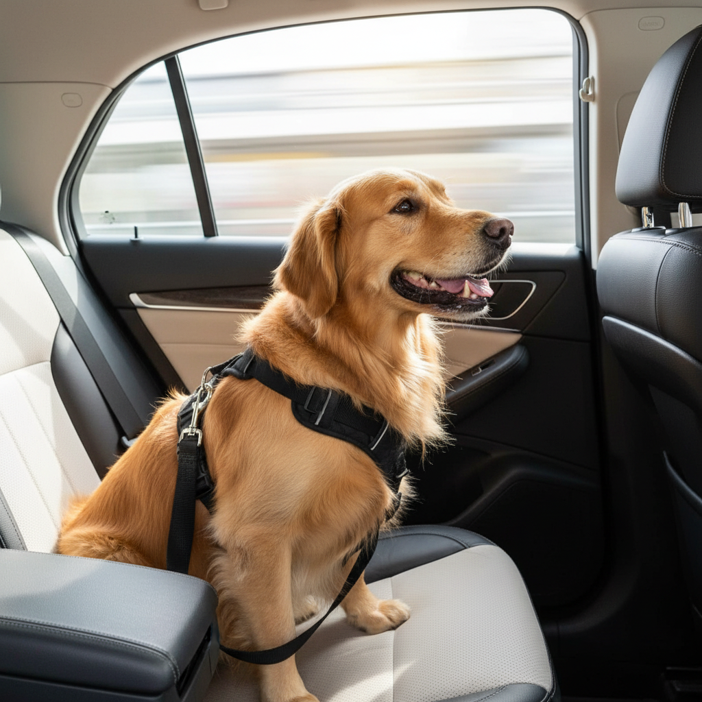 Pet Car Seat Belt – Golden Retriever safely secured in back seat with black seat belt looking out car window