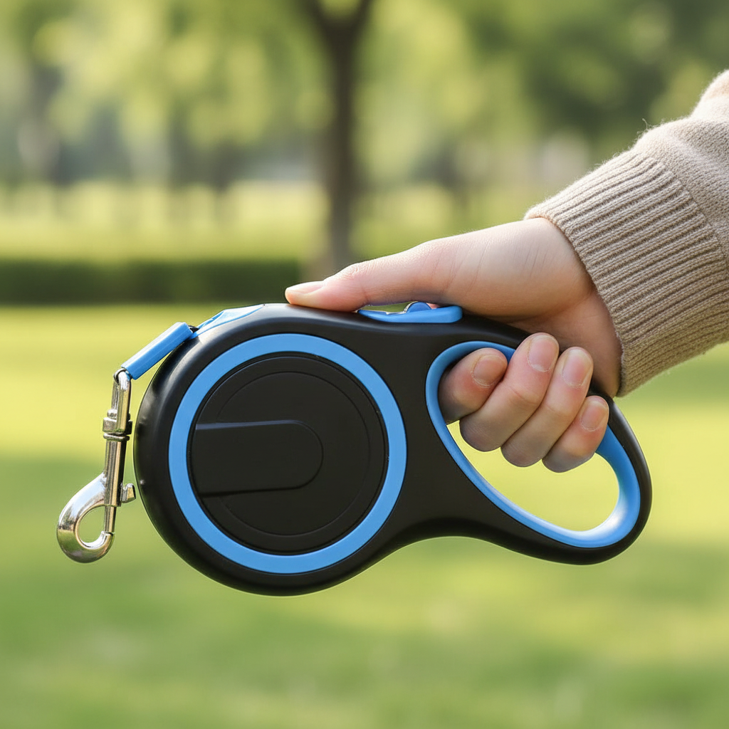 Retractable Dog Leash – close-up of hand pressing one-button lock on blue ergonomic leash handle