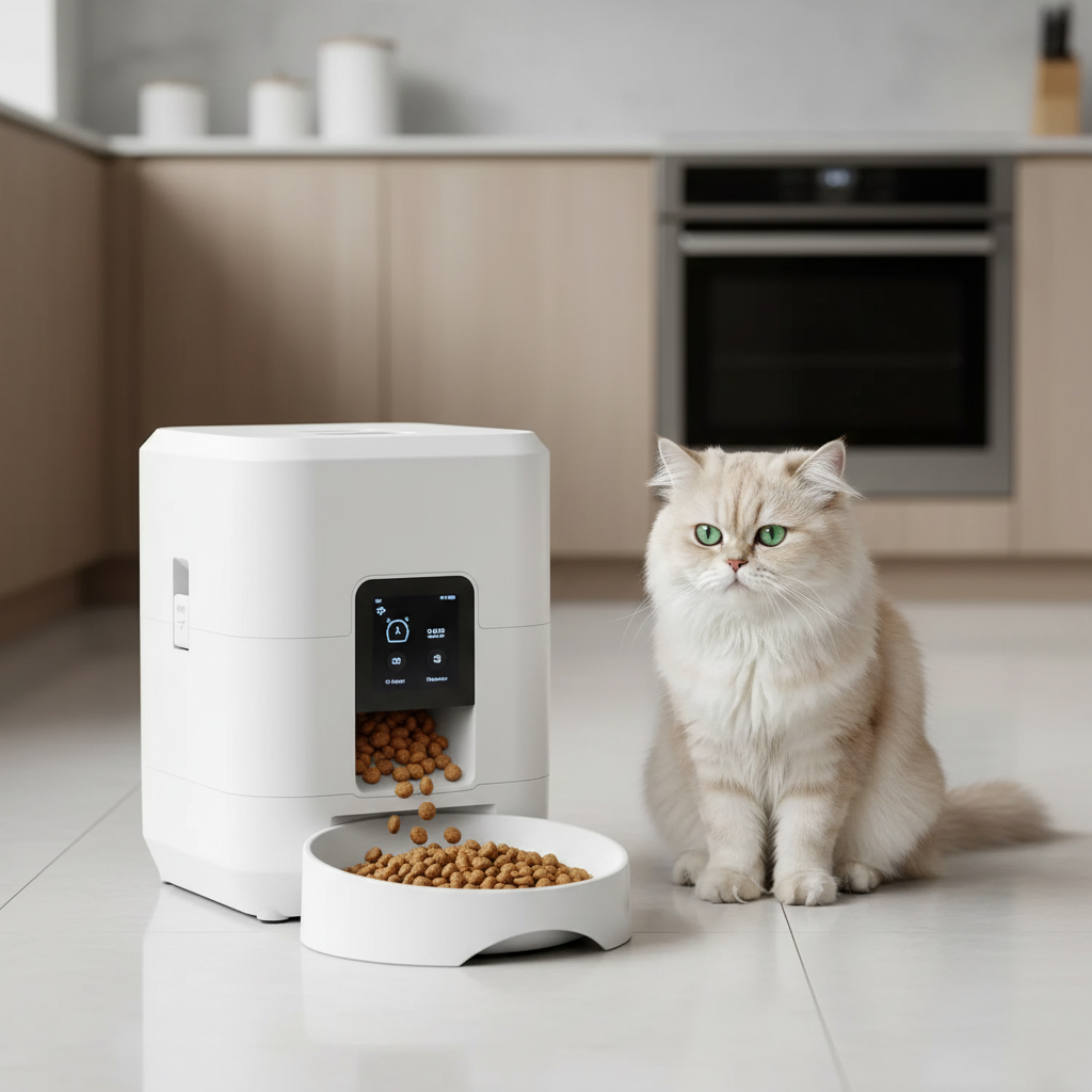 Smart Automatic Pet Feeder – white feeder dispensing kibble with cat eating in modern kitchen