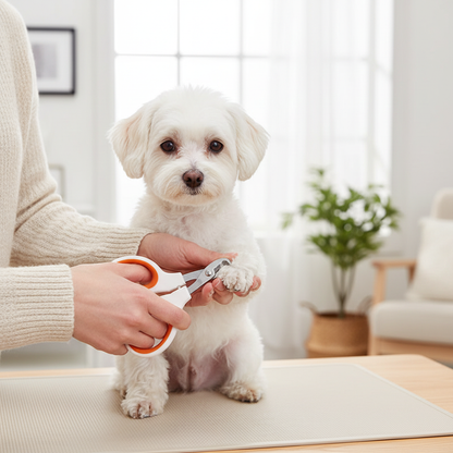 Professional Pet Nail Clippers – orange clippers trimming small dog's nail on grooming table