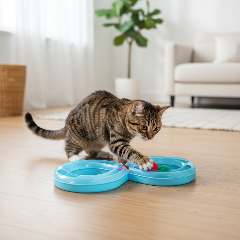 Cat Turntable Track Ball Toy – tabby cat actively swatting balls on blue track toy
