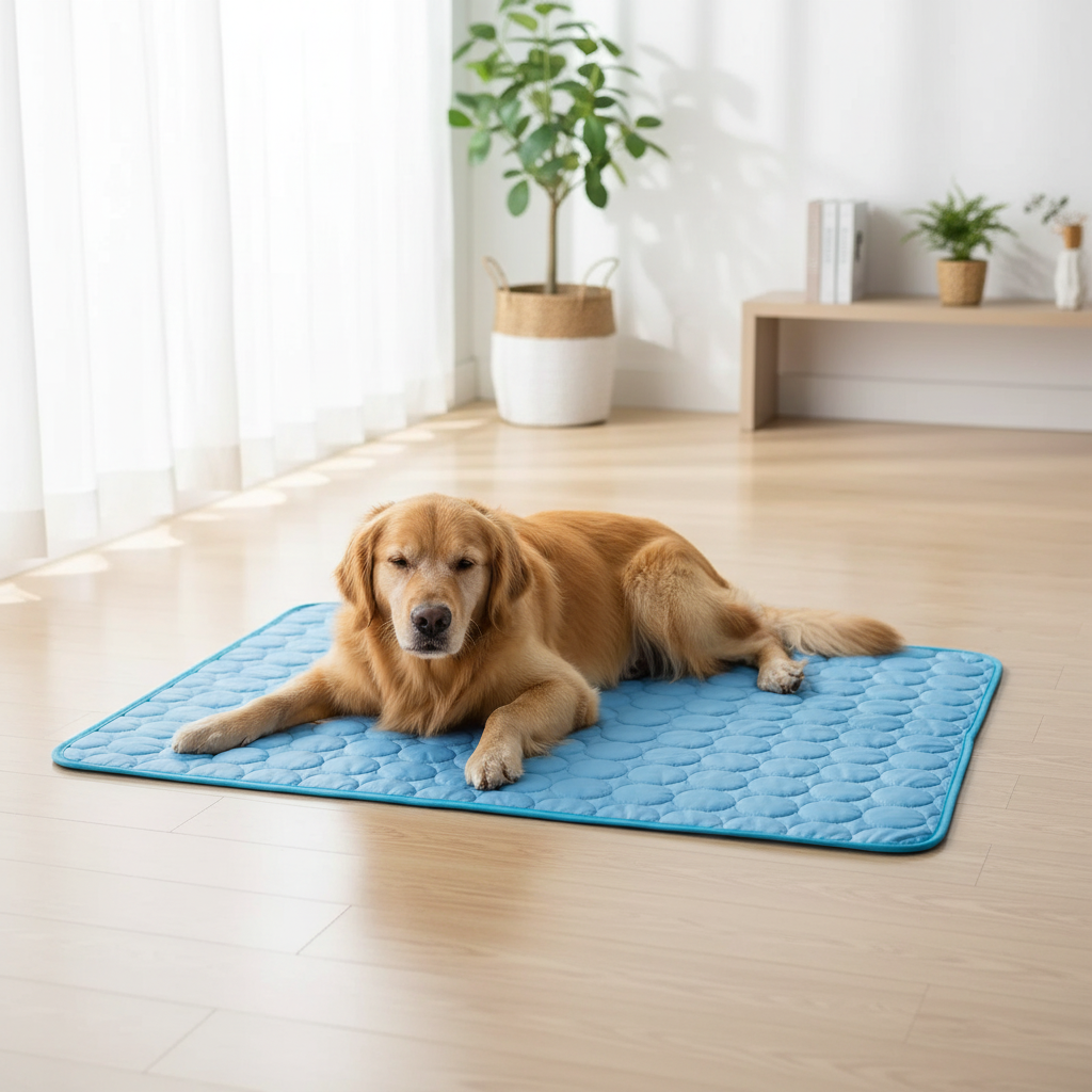 Pet Cooling Mat – golden retriever lying on blue ice silk cooling mat on wooden floor in summer