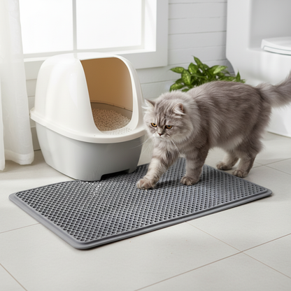 Waterproof Cat Litter Mat – grey honeycomb mat with cat stepping off litter box