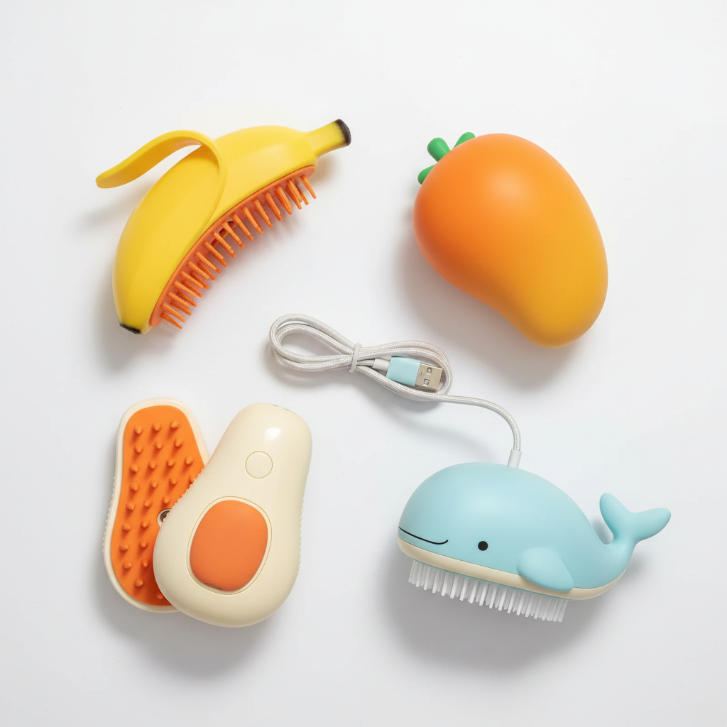3-in-1 Electric Steam Pet Grooming Brush – flatlay of four fun-shaped brushes banana mango avocado whale with USB cable