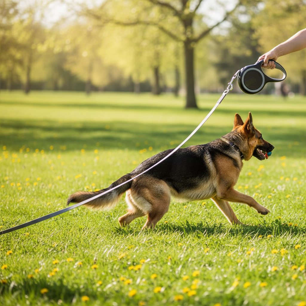 Retractable Dog Leash – German Shepherd running freely on extended gray retractable leash in sunny park