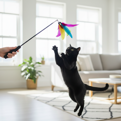Cat Feather Teaser Wand – black cat leaping to catch colorful feathers