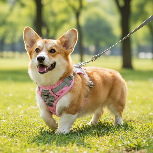 Reflective Mesh Pet Harness – Corgi wearing pink breathable mesh harness vest on sunny park walk