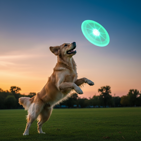 LED Glow Flying Disc – glowing disc in mid-air with dog jumping to catch it at dusk