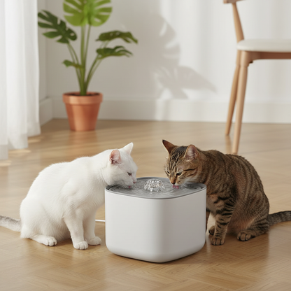 Large Cat Water Fountain 3L – two cats drinking simultaneously from white fountain with flowing water stream